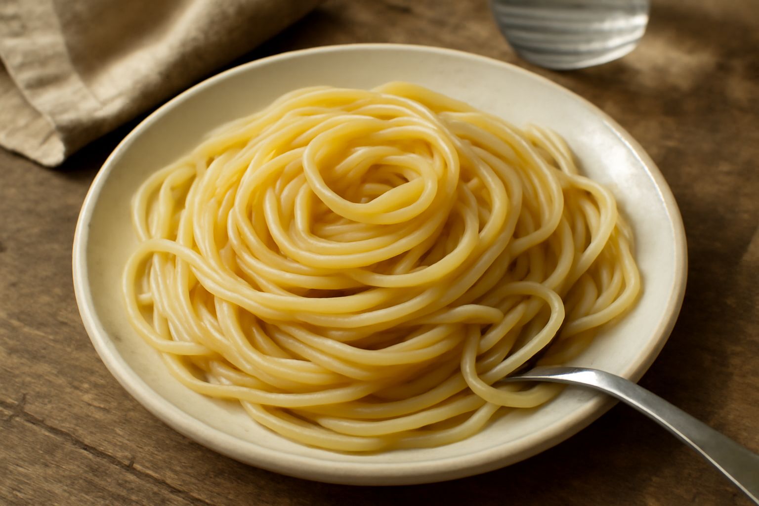 Piatto di pasta penne rigatoni color avorio leggermente traslucida, al dente, servita su piatto bianco con gocce d'olio d'oliva e un cucchiaio di legno accanto