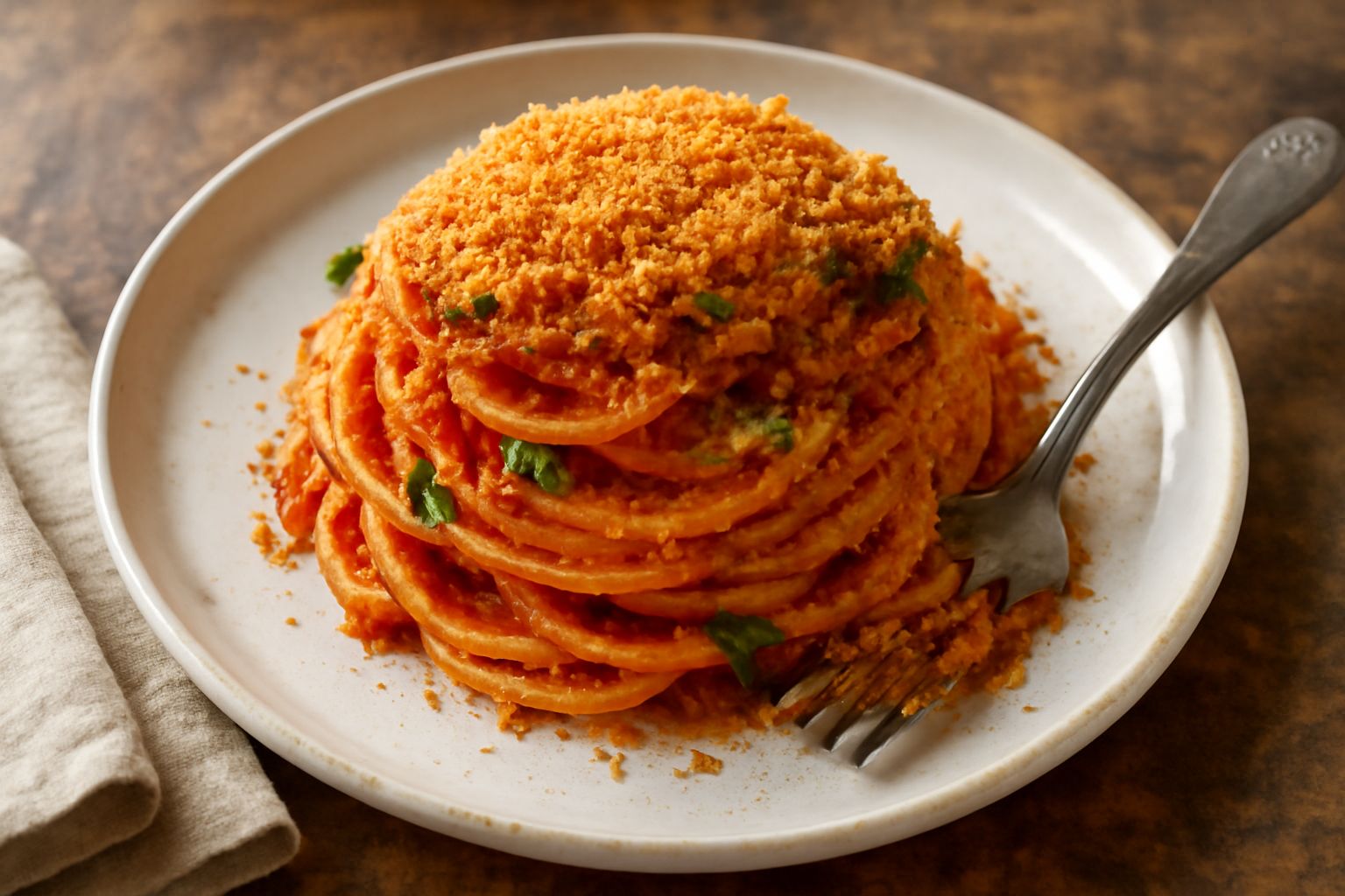 Piatto di ceramica bianca con pasta rivestita di pangrattato dorato e croccante, sugo di pomodoro rosso vivo alla base, foglia di basilico fresco verde scuro sul bordo, forchetta in primo piano