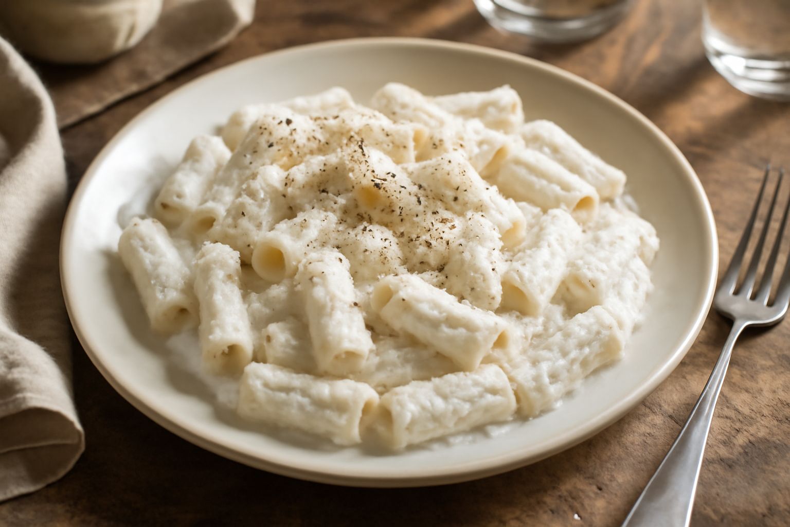 Un piatto di pasta bianca con ricotta cremosa, spolverata di formaggio grattugiato e pepe nero, condita in modo uniforme