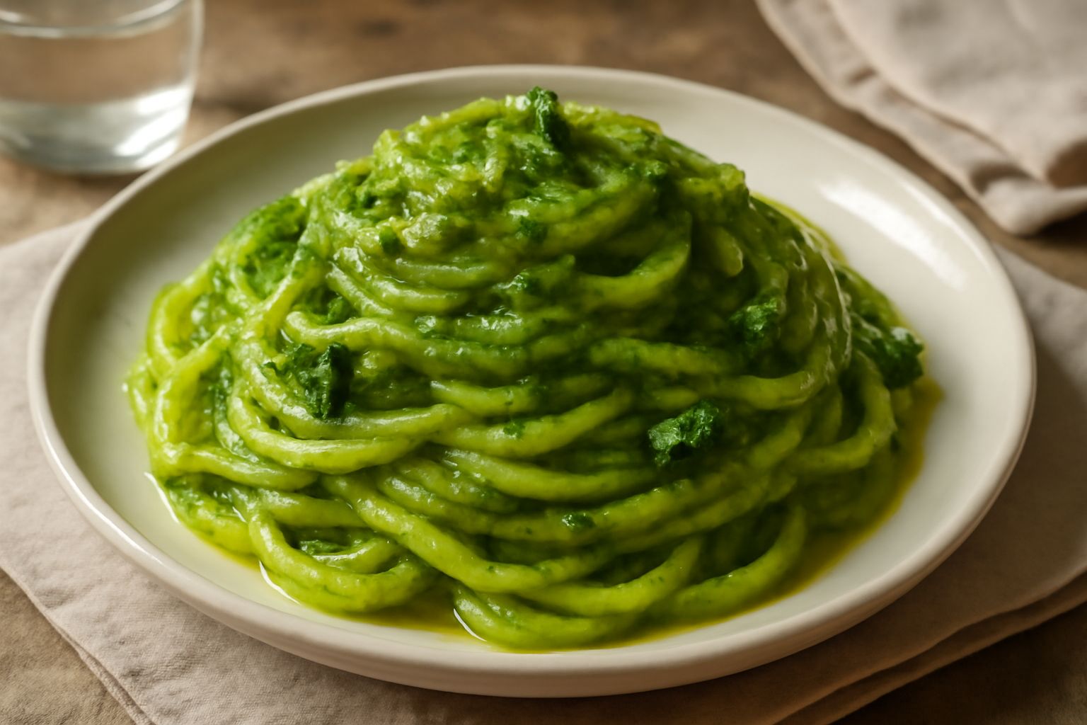 Piatto di pasta integrale o rigatoni ricoperto di crema verde di broccoli, olio d'oliva lucido in superficie, broccoli frantumati e interi sparsi sopra, peperoncino rosso, servito in piatto bianco fon