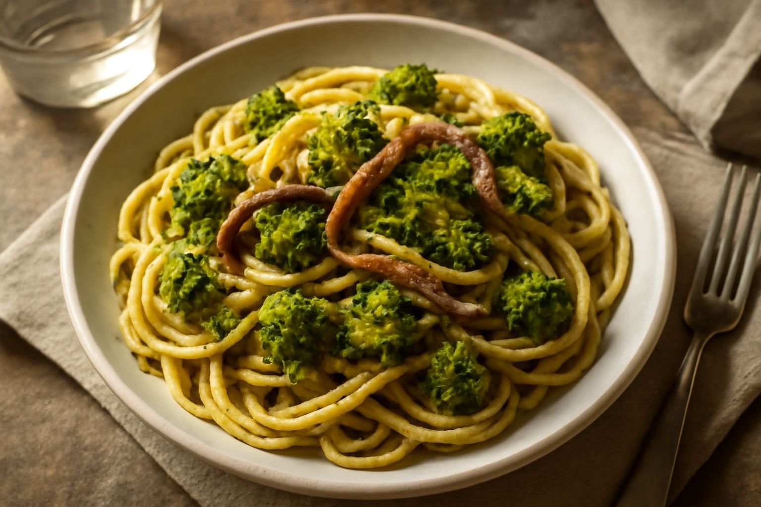Piatto di pasta con broccoli verdi croccanti, acciughe salate sciolte nel sugo, olio brillante, su fondo di ceramica bianca, servito caldo con gocce di olio d'oliva visibile