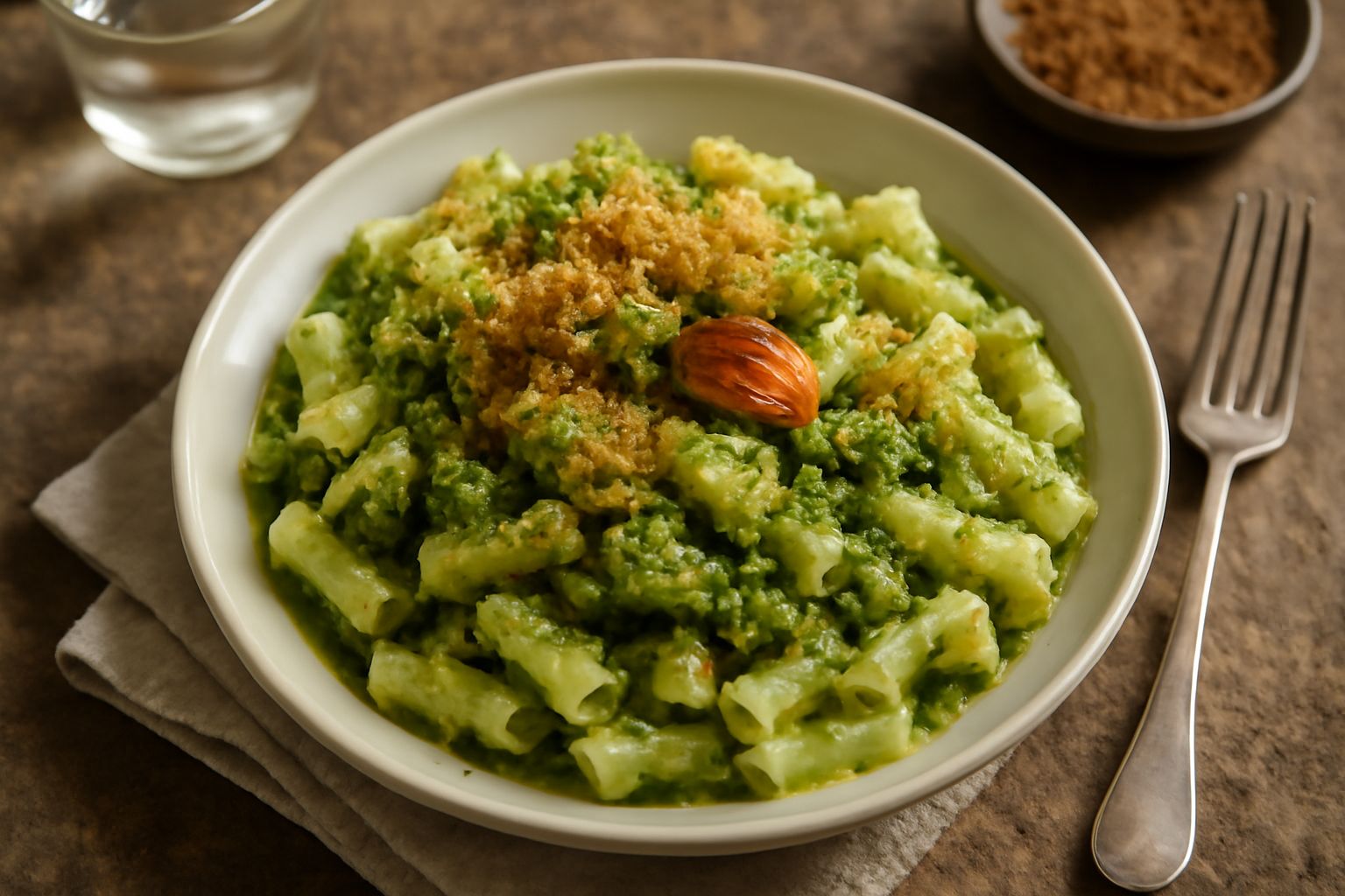 Un piatto di pasta penne verdi e bianche condite con broccoli ammorbiditi, olio d'oliva brillante e aglio dorato, cosparso di pangrattato leggermente tostato