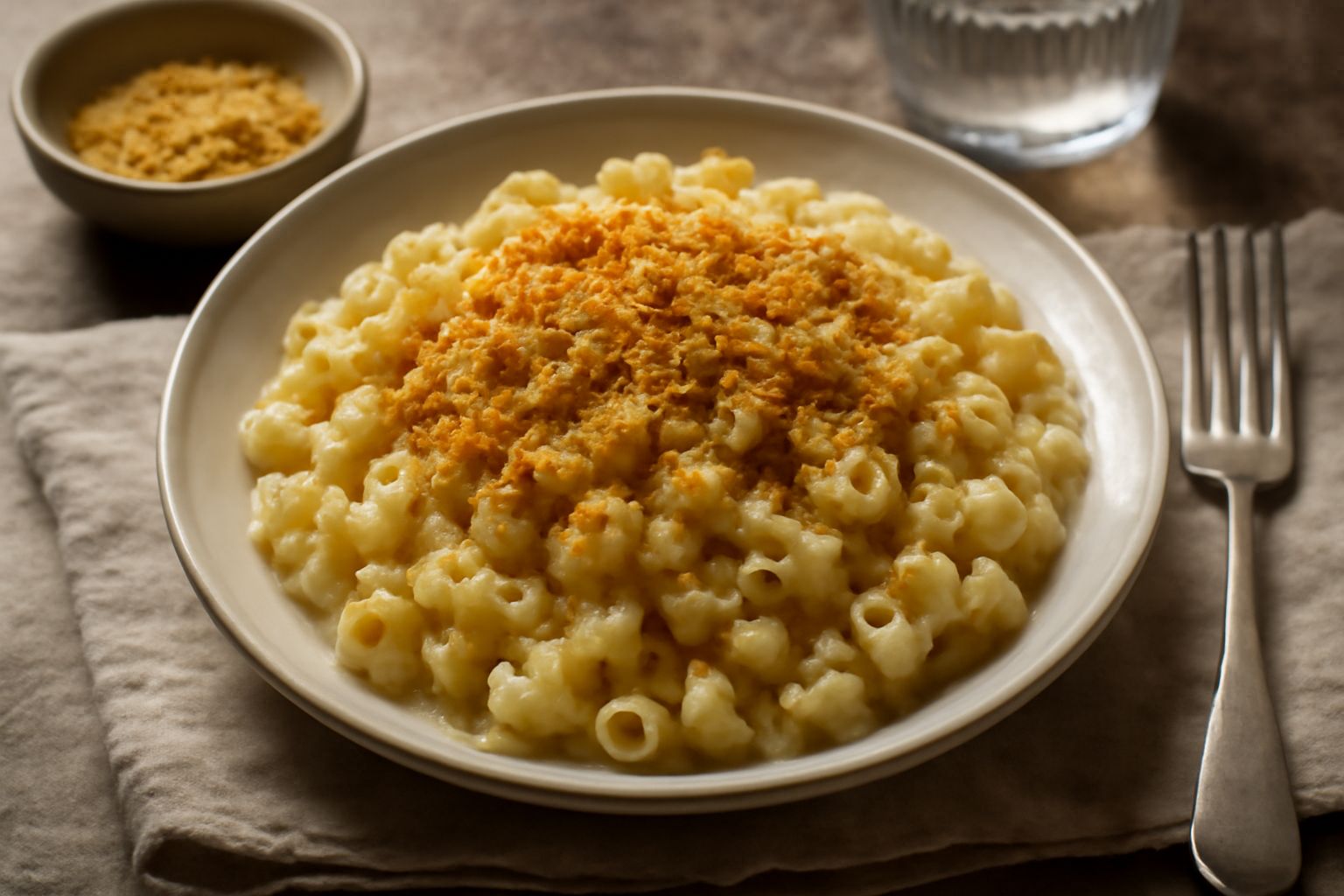 Piatto di pasta cù cavolfiori con pezzi di cavolfiore morbido, pasta rigatoni color avorio, brodo cremoso color nocciola, pane grattugiato dorato in superficie, pepe nero in polvere, ciotola bianca di