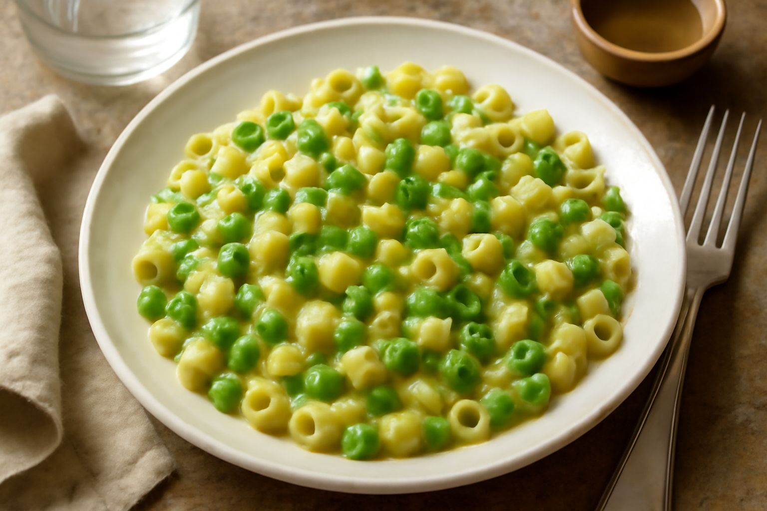 Piatto di pasta color avorio con piselli verdi brillanti sparsi e pestati, condita con olio d'oliva, servita in ciotola bianca su tavolo di legno naturale
