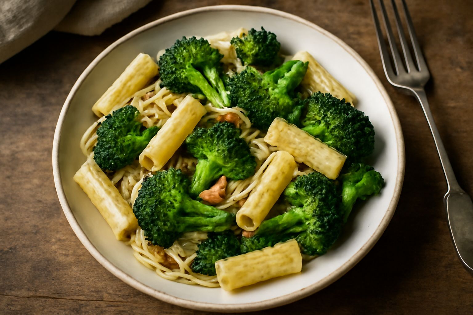 Pasta con broccoli croccanti verde scuro mescolati a spaghetti bagnati d'olio, aglio dorato sparso in superficie, servita in piatto bianco con leggera spolverata di pepe nero