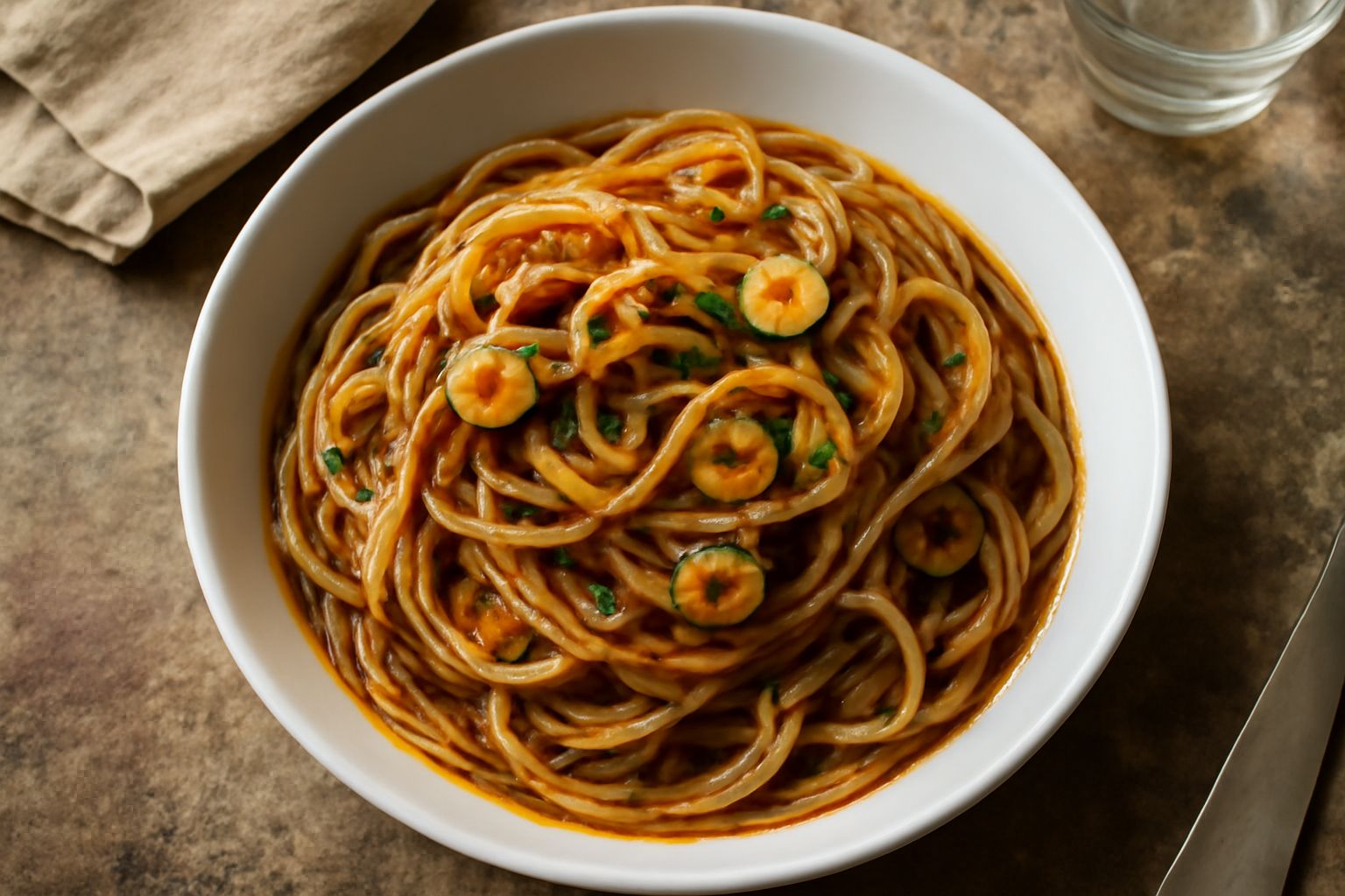 Piatto di spaghetti cu' la pasta d'alici con colore biondo-dorato, aglio affettato visibile nel condimento oleoso, peperoncino rosso, prezzemolo verde fresco tritato, parmigiano grattugiato sulla supe