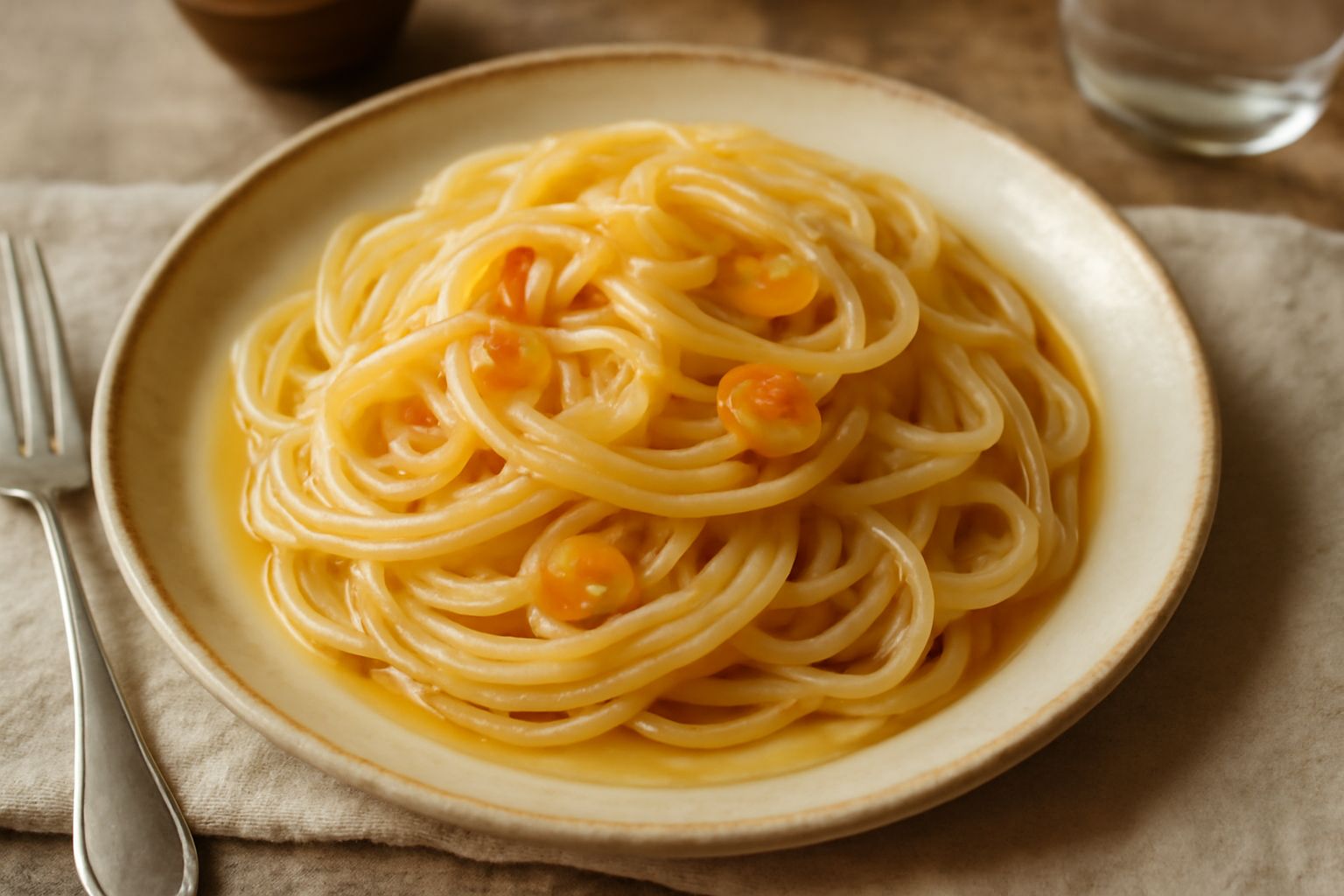 Pasta spaghetti su un piatto bianco con aglio dorato, olio lucido e peperoncino rosso, impiattamento sobrio su fondo neutro con forchetta