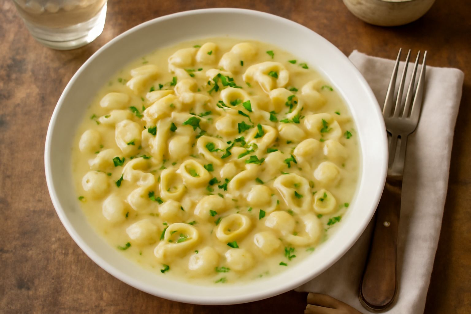 Piatto bianco con pasta corta piacevolmente cremosa di colore avorio, condita con aglio dorato, prezzemolo verde brillante e filo d'olio, vapore ancora visibile dalla superficie