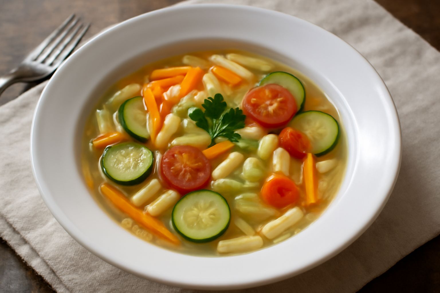 Un piatto fondo di ceramica bianca contiene pasta di media cottura in brodo trasparente con carote tagliate a julienne, zucchine a rondelle sottili, pomodori rossi tagliati, sedano bianco, con un filo