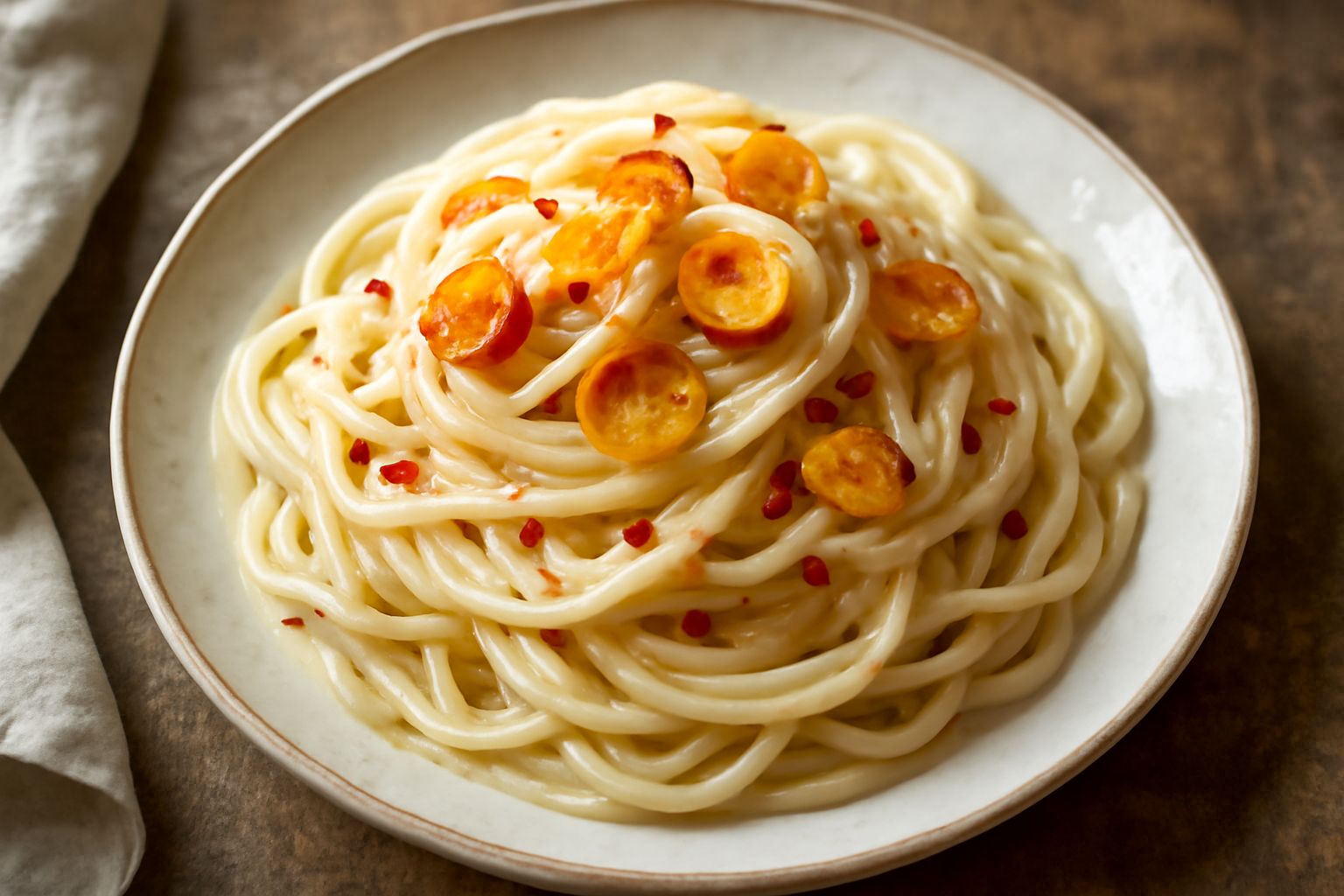 Piatto di pasta al dente con aglio dorato e peperoncino rosso, condimento lucido di olio d'oliva, servito in ciotola bianca con filo di peperoncino fresco e prezzemolo verde