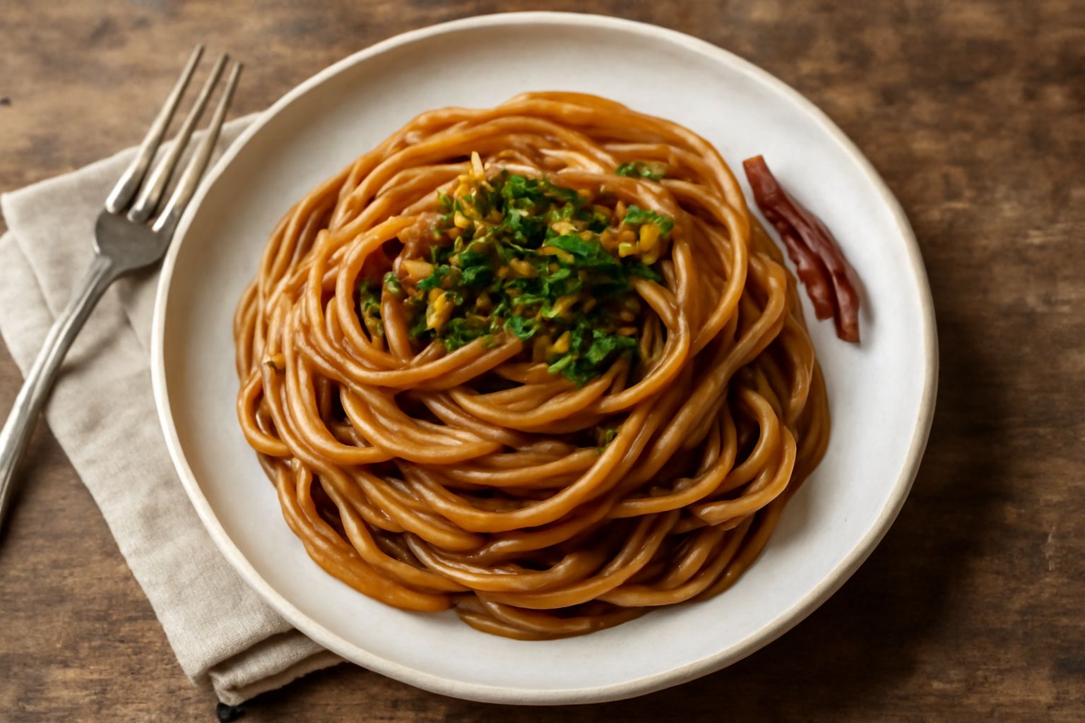Piatto di pasta spaghetti o linguine con salsa scura di acciughe, guarnito con prezzemolo fresco tritato, filo di olio extravergine, peperoncino rosso fresco e accanto al piatto una forchetta.