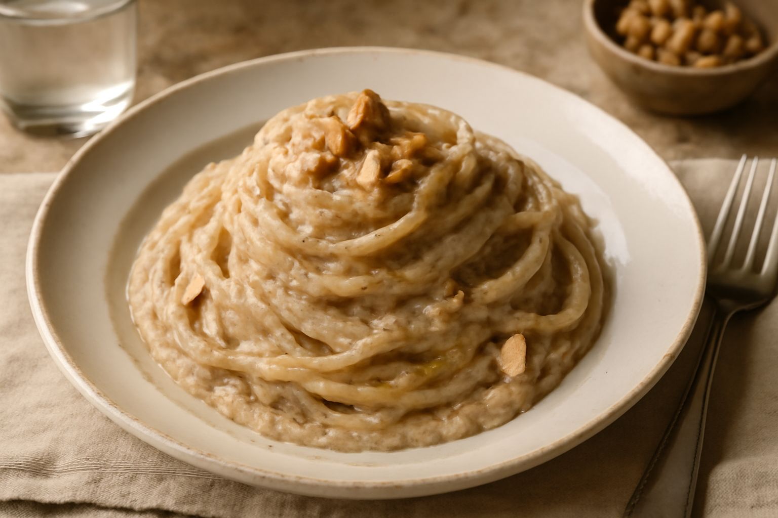 Piatto di pasta bianca con sugo cremoso color nocciola, guarnito con pezzetti di noce tostata, olio verde oliva e qualche filo di prezzemolo fresco, impiattato su piatto di ceramica bianca