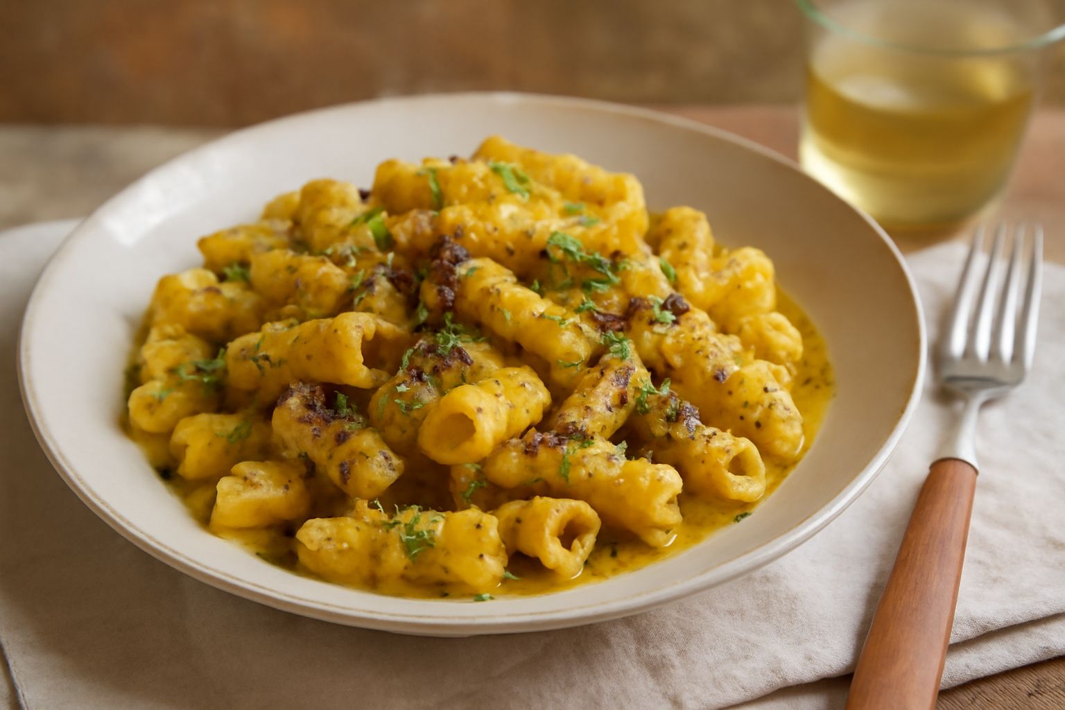 Un piatto di ceramica bianca con pasta cu le sarde: maltagliati gialli e crema dorata con frammenti di sarde scure, finocchietto verde e filo di olio d'oliva, con contorno di pane tostato
