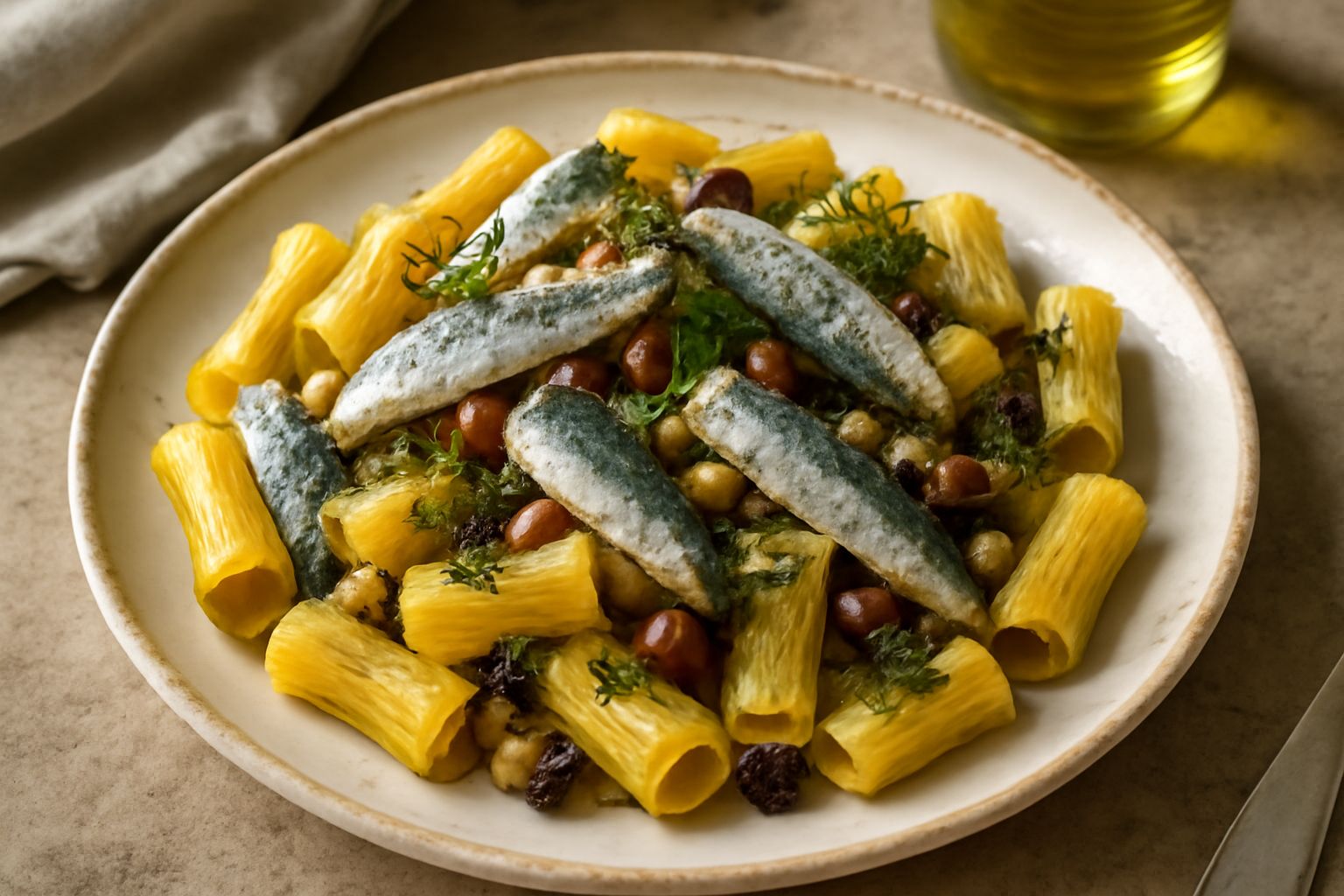 Piatto di pasta rigatoni gialla di zafferano con filetti di sardina intera, finocchietto verde scuro, pinoli dorati e uvetta scura sparsi in superficie, olio trasparente che luccica sugli ingredienti