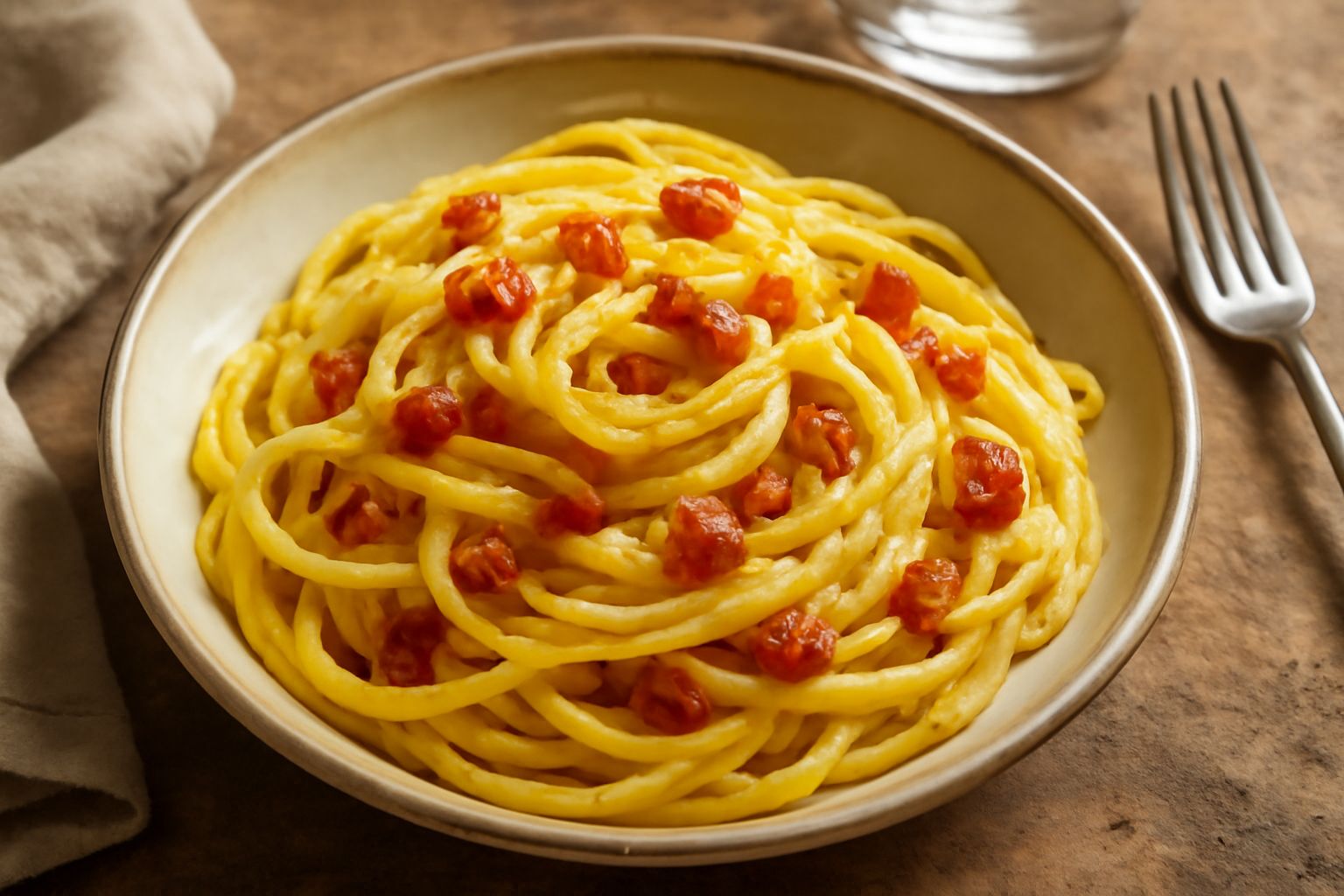 Piatto di pasta giallo cremoso con strisce di pancetta croccante, cosparso di pecorino grattugiato e pepe nero macinato, con un tocco di prezzemolo fresco sul bordo