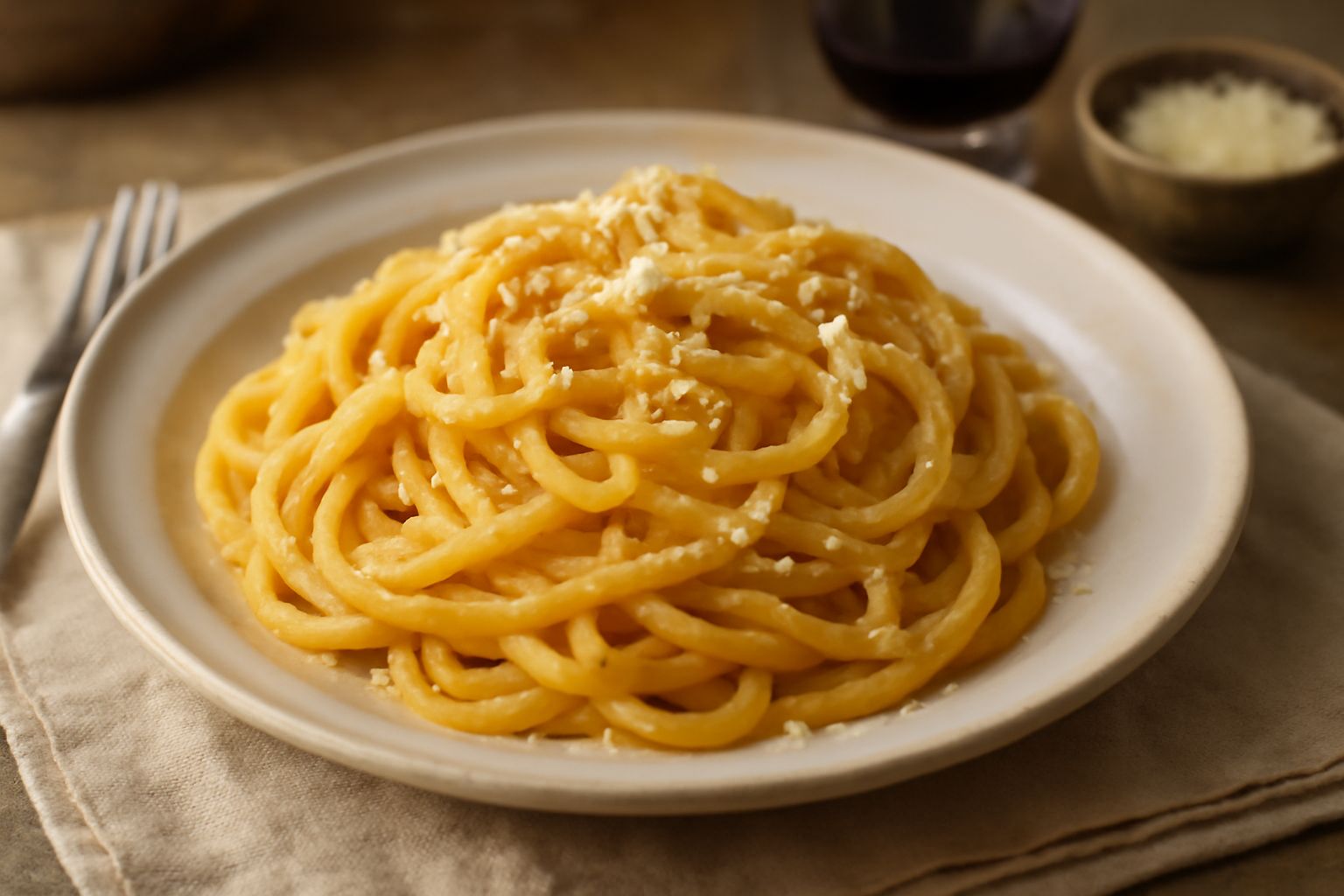 Piatto di pasta bianca cremosa con uova gialle e filanti, guarnito di formaggio grattugiato, su un piatto di ceramica bianca con sfondo neutro