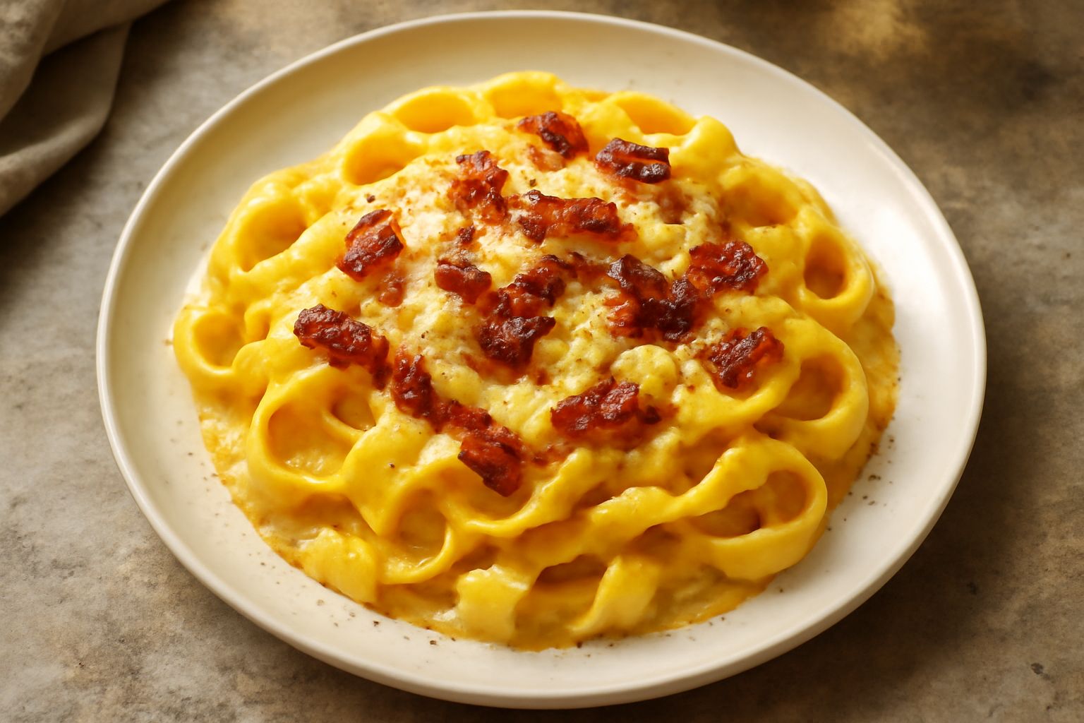 Un piatto di ceramica bianca con pasta rigatoni ricoperta da salsa giallo dorato cremosa, guanciale croccante in pezzi brunastri sparsi, grana padano grattugiato e pepe nero fresco macinato, foglia di