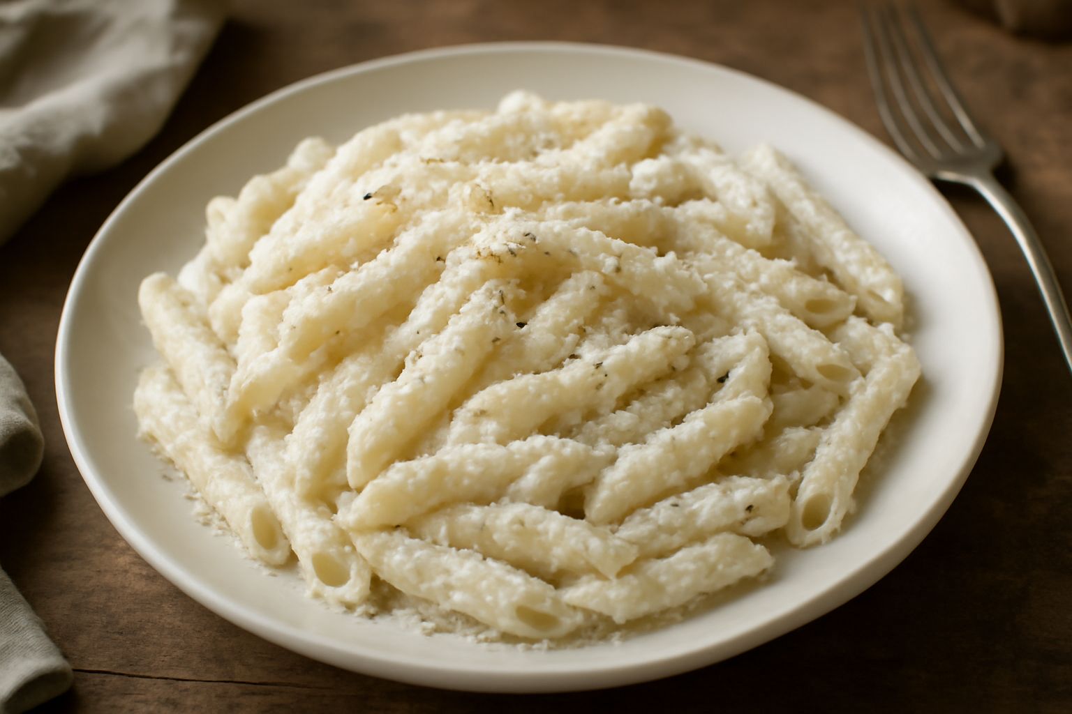 Piatto di pasta bianca con ricotta salata grattugiata color avorio, granuli dorati sparsi in superficie, pepe nero visibile, olio brillante, pane tostato accanto