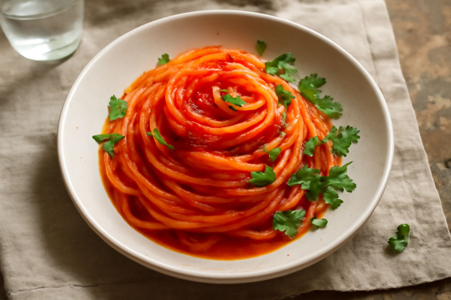 Piatto di pasta con sugo rosso di pomodoro appena servito, ricoperto di basilico fresco e filo di olio d'oliva, in una ciotola bianca su fondo di legno
