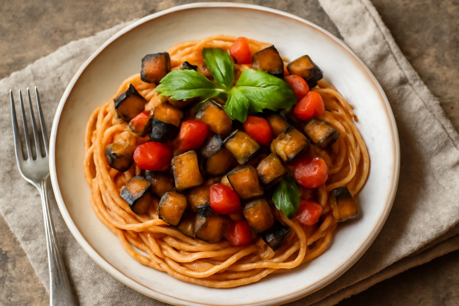 Piatto di pasta con melanzane fritte, pomodori rossi tagliati a pezzi, basilico fresco verde e ricotta salata bianca grattugiata in superficie