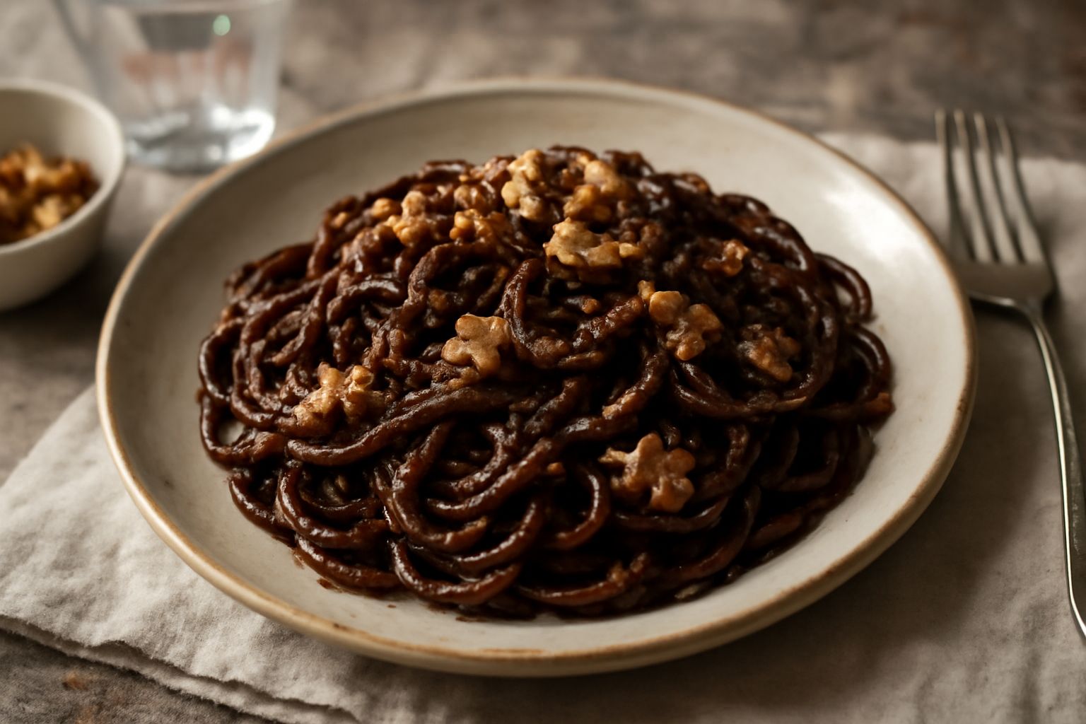 Piatto di pasta bianca condita con saba marrone scuro, noci tostate sparse in superficie, pepe nero visibile, servito su piatto bianco con contorno sfumato