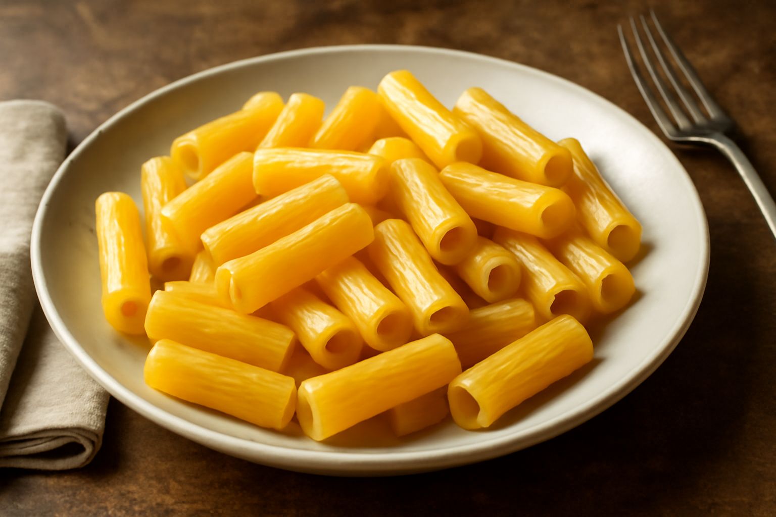 Piatto di pasta di Gragnano al dente, colore biondo dorato, condita con olio di oliva e prezzemolo fresco, su fondo bianco