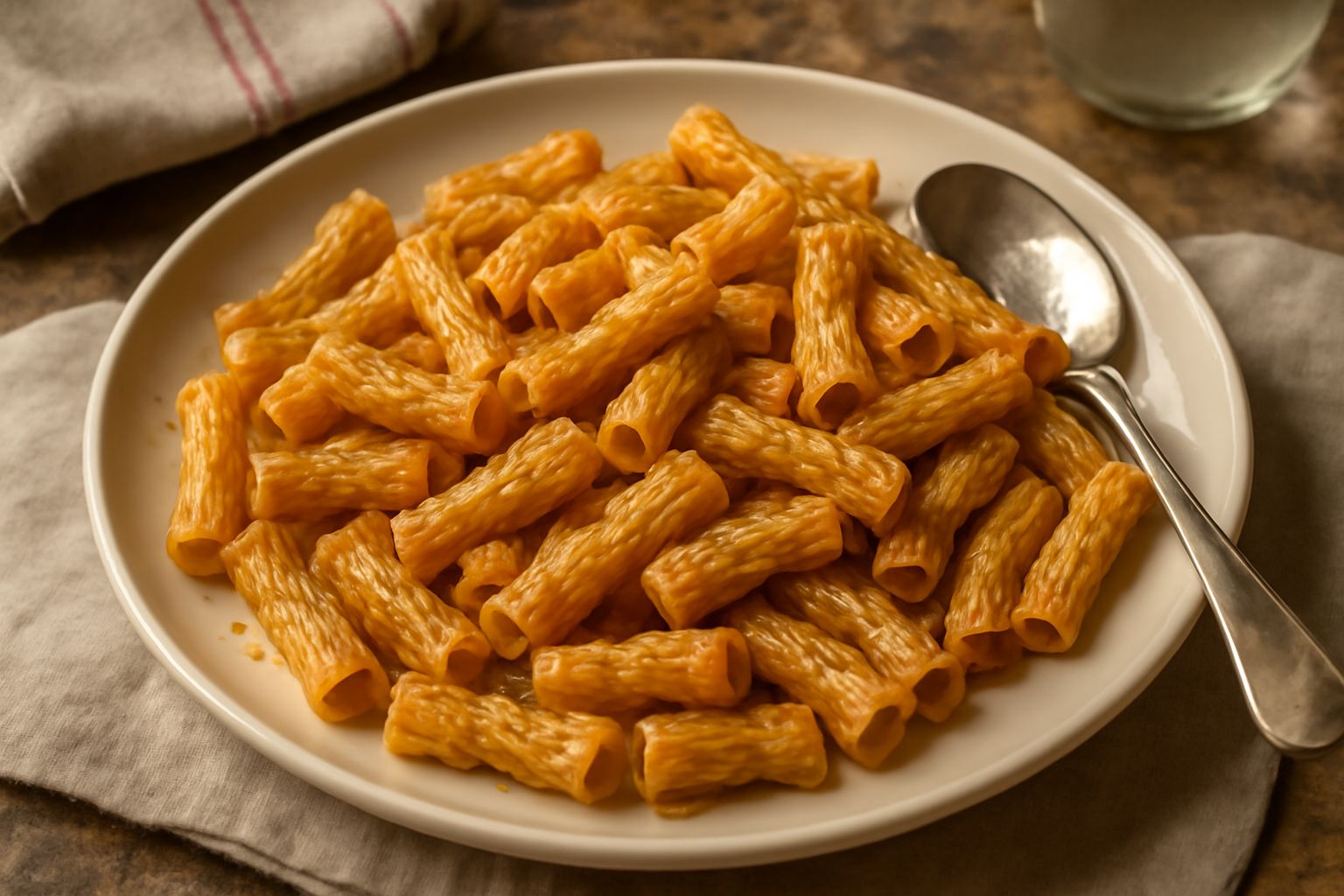 Piatto di pasta di Gragnano ripassata, di colore dorato e croccante, condita con olio lucido e aglio rosolato, peperoncino rosso visibile, servita in piatto bianco con fondo scuro