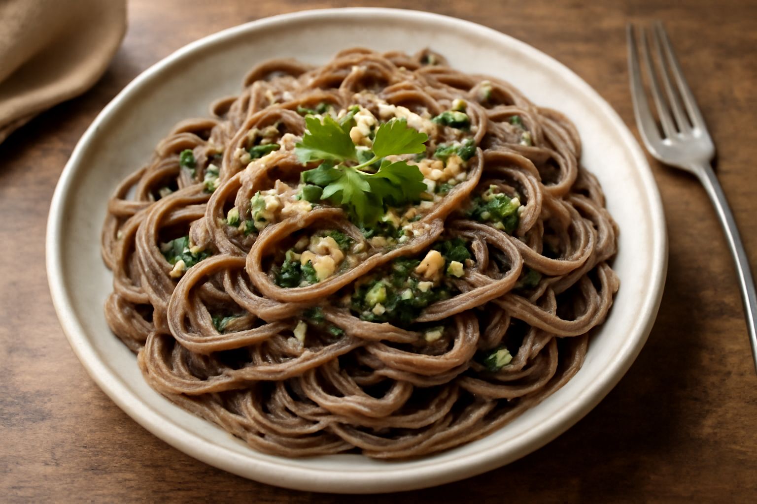 Piatto di pasta di grano saraceno color grigio-marrone cotta al dente, condita con zucchine saltate in padella e olio extravergine, contorno di verdurine grigliate su piatto bianco
