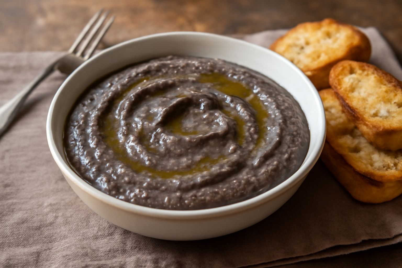 Ciotola di vetro con pasta di melanzana grigio-violastra, lucida e cremosa, decorata con un goccio di olio verde scuro e foglie di prezzemolo fresco. Accanto fette di pane tostato croccante su un piat