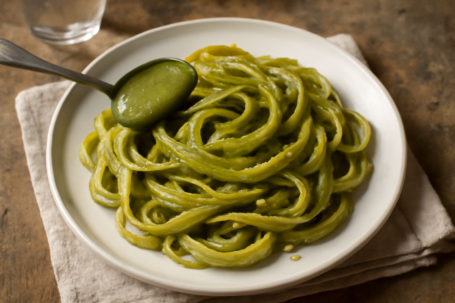 Ciotola di ceramica bianca con pasta di pistacchio verde scuro, densa e lucida, con un cucchiaio in legno immerso e alcuni chicchi di pistacchio sgusciati accanto