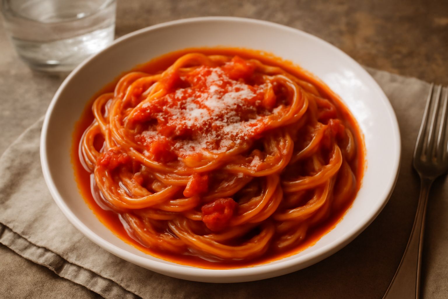 Piatto di pasta con sugo di pomodoro rosso intenso, spolverato di parmigiano bianco, un filo di olio verde in superficie, basilico fresco verde sulla pasta, servito in piatto bianco fondo con margine 