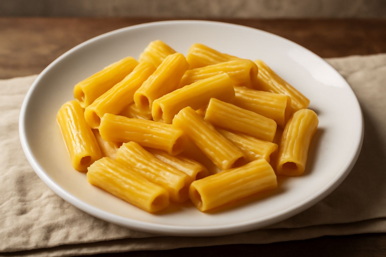 Piatto di pasta di semola dorata con gocce d'olio d'oliva, garnito con prezzemolo fresco e pepe nero macinato, servito in un piatto bianco su tavolo di legno