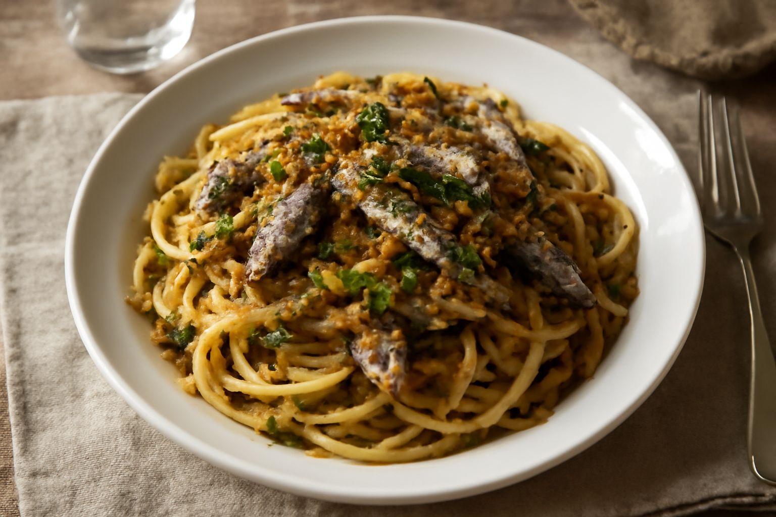 Piatto di pasta di semola gialla con sarde intere, prezzemolo fresco e olio d'oliva, servito su fondo bianco con limone a fettine