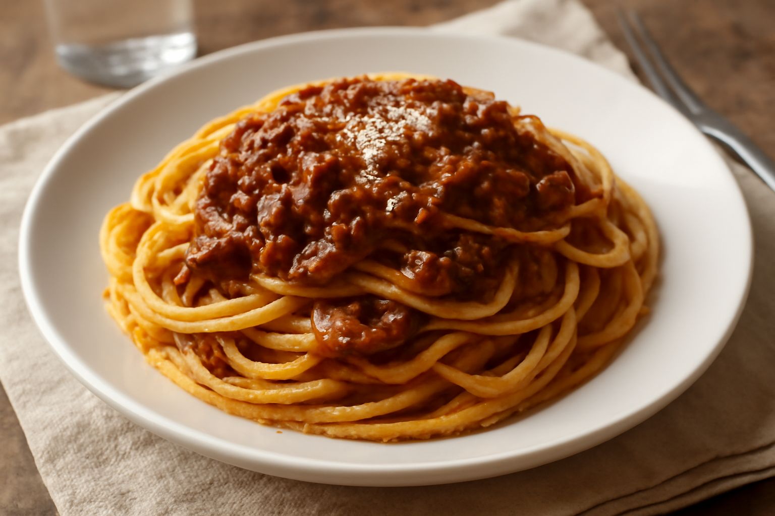 Piatto di pasta di semola giallo dorato condita con ragù marrone scuro, grattugia di formaggio bianco in cima, in un piatto di ceramica bianca, su tavolo rustico di legno