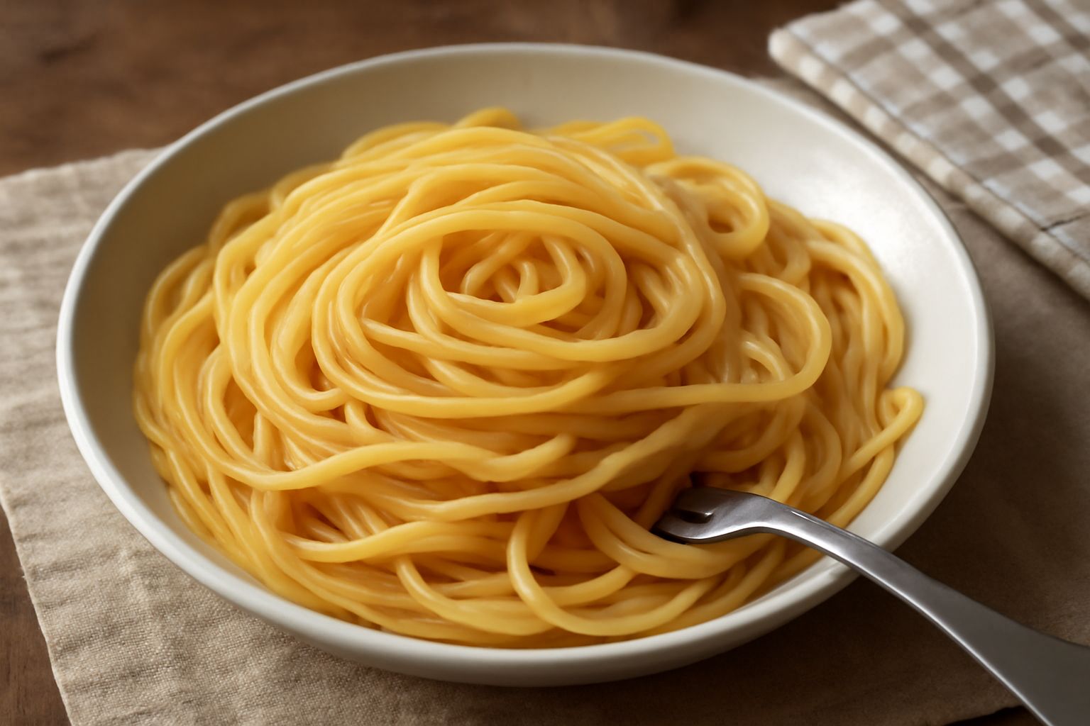 Pasta fresca appena cotta, color ambra dorato, servita in un piatto bianco con un filo di olio di oliva e una spolverata di pepe nero, accanto a un bicchiere di acqua naturale