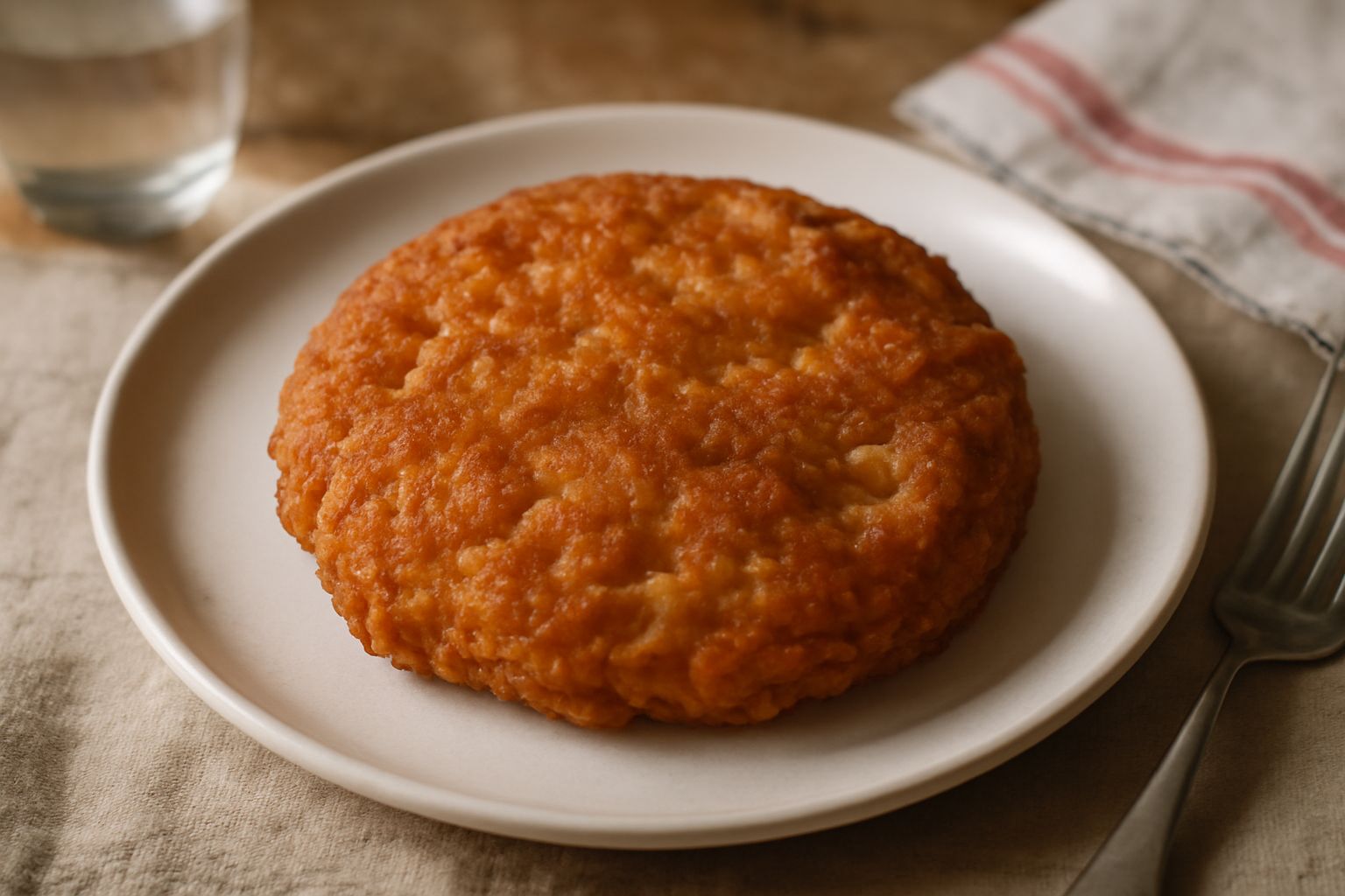 Pasta di semola fritta dorata e croccante nel piatto, con superficie rugosa e colore marrone chiaro, scossa via l'olio in eccesso, servita tiepida