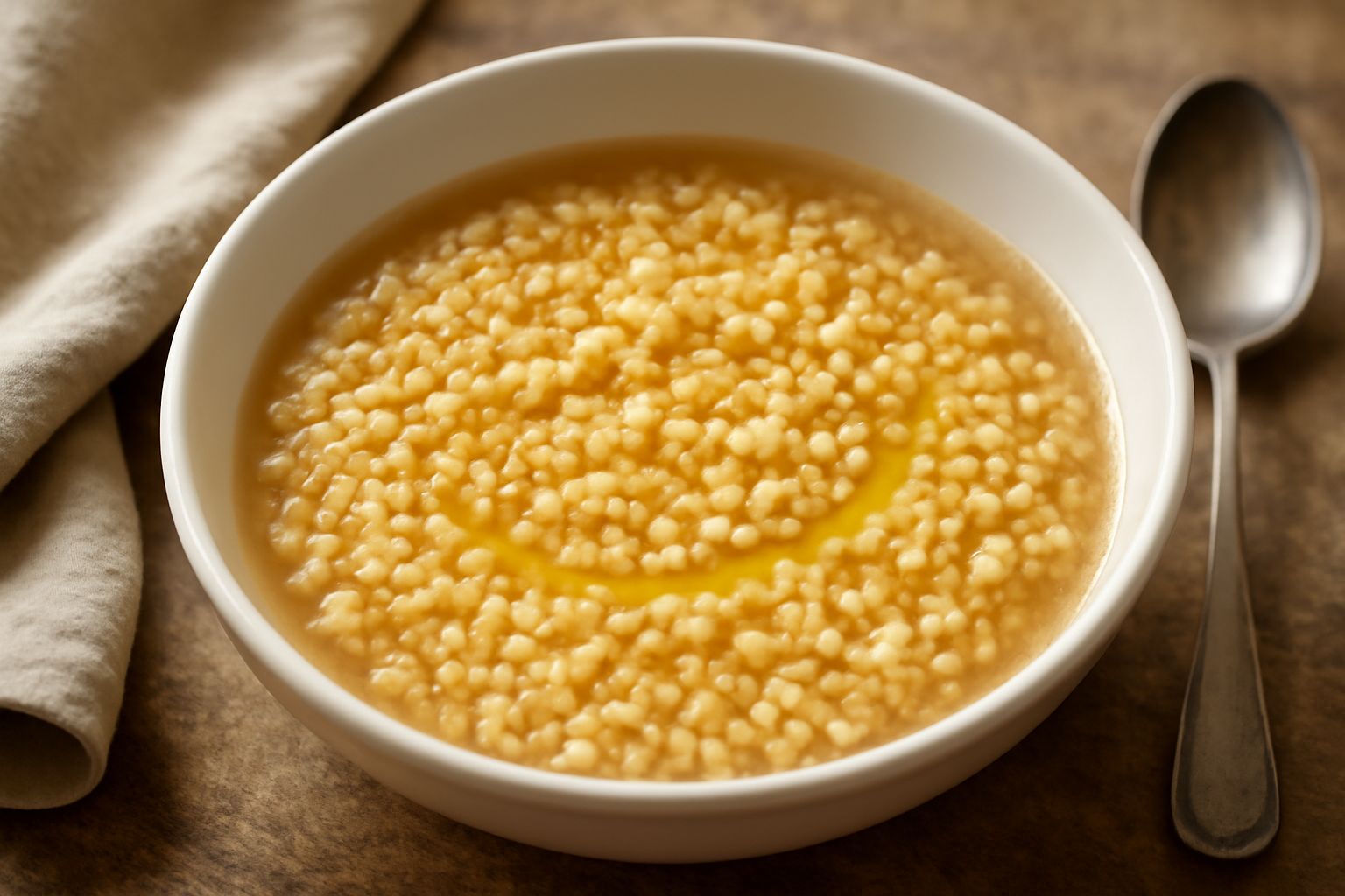 Ciotola bianca con pasta di semola in brodo caldo, pasta visibile sotto la superficie del brodo trasparente, superficie liscia e dorata, goccia di olio verde in superficie