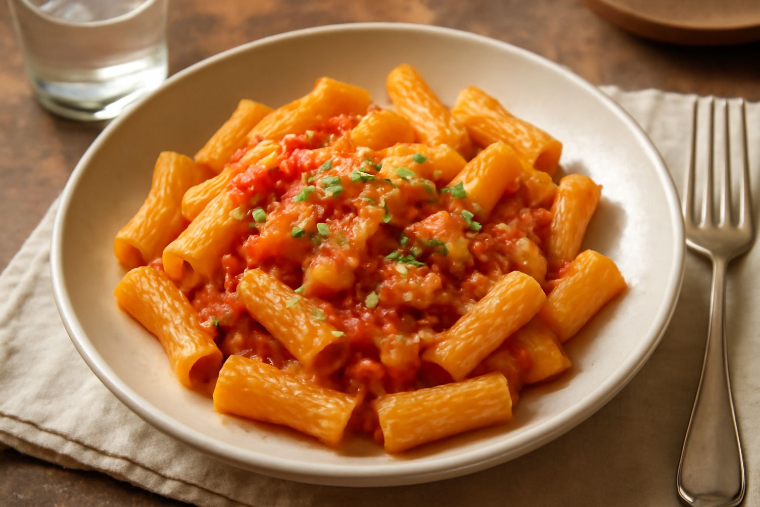 Pasta fresca di semola rimacinata di forma ondulata, color giallo dorato brillante, appena tirata e pronta per la cottura, con piccoli grumi di semola attaccati alla superficie