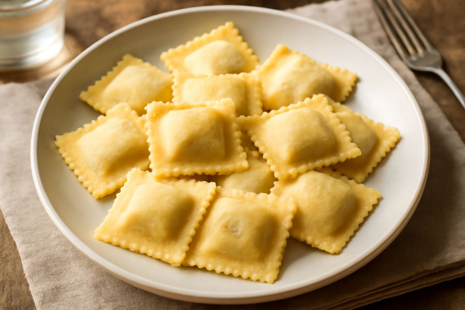 Piatto di pasta di semola ripiena dorata, quadrata, con i bordi sigillati e farina residua sulla superficie, affiancata da basilico fresco e un piatto bianco sullo sfondo