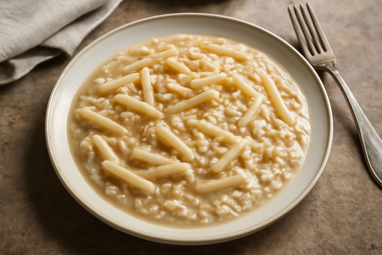 Ciotola di pasta mista ad avena cremosa, color beige avorio, con superficie liscia e ondulata, condita con un filo d'olio e erbe fresche sparse in superficie, su fondo bianco