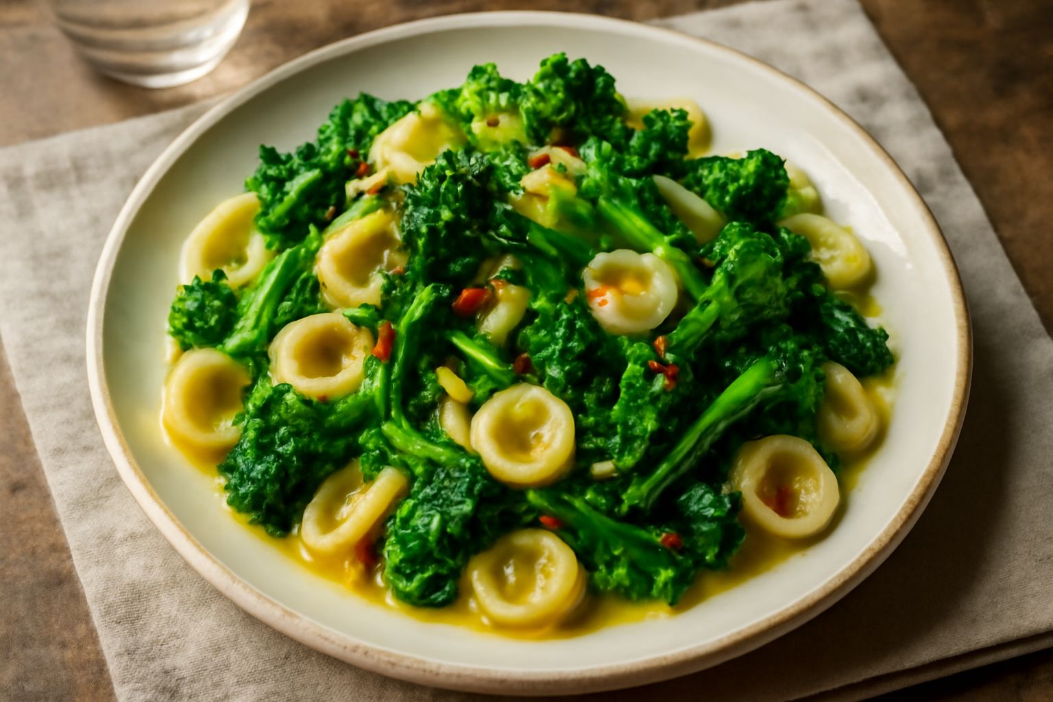 Un piatto fondo di pasta con broccoli di rapa verde scuro, spighe intere e florettini mescolati, conditi con olio dorato e peperoncino rosso, servito in una ciotola bianca