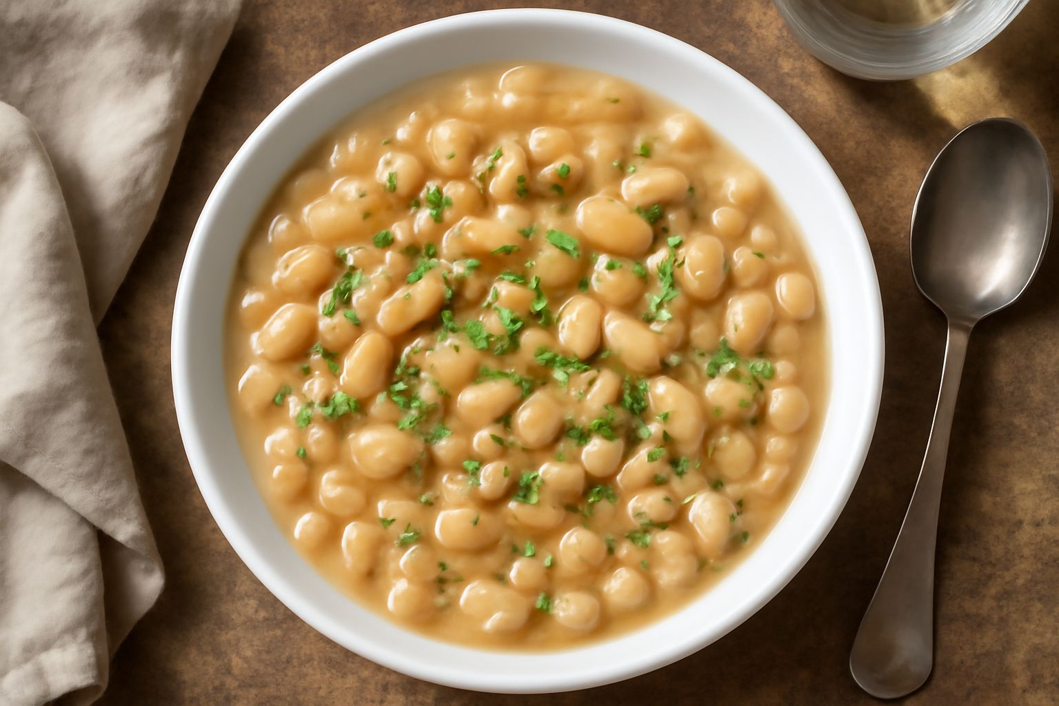 Piatto di pasta di media grandezza con rigatoni o ditalini bianchi e rossi immersi in un sugo cremoso beige, fagioli cannellini visibili interi e parzialmente frantumati, filo di olio d'oliva sulla su