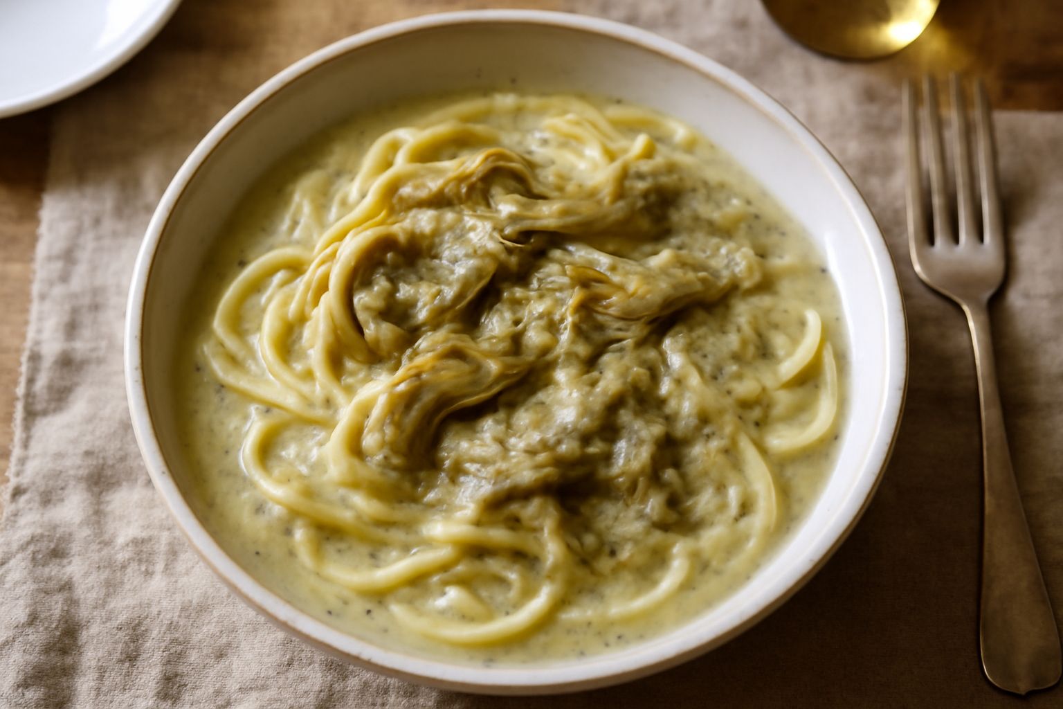 Piatto di pasta con carciofi cremosi, condimento verde pallido con pezzi di carciofo morbido, fili di pasta gialla, spolverata di prezzemolo fresco verde scuro, servito in ciotola bianca con olio gial