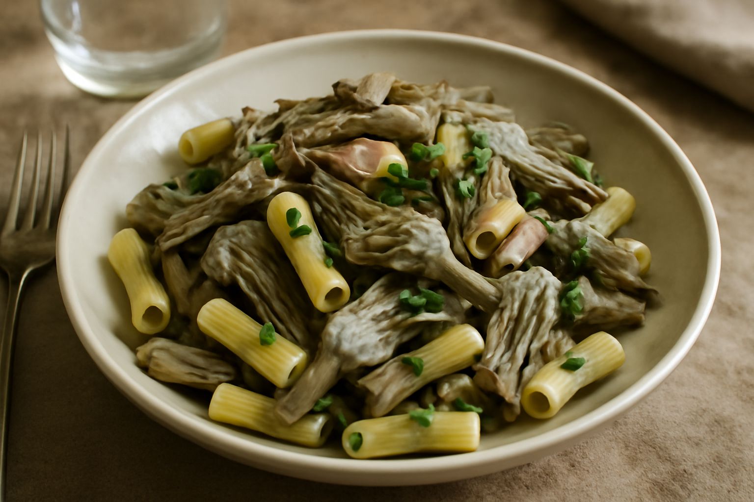 Piatto di pasta rigatoni con carciofi selvatici grigiastri e teneri, aglio affettato leggermente dorato, prezzemolo verde visibile sui bordi, in un piatto bianco profondo con filo d'olio verde crudo a