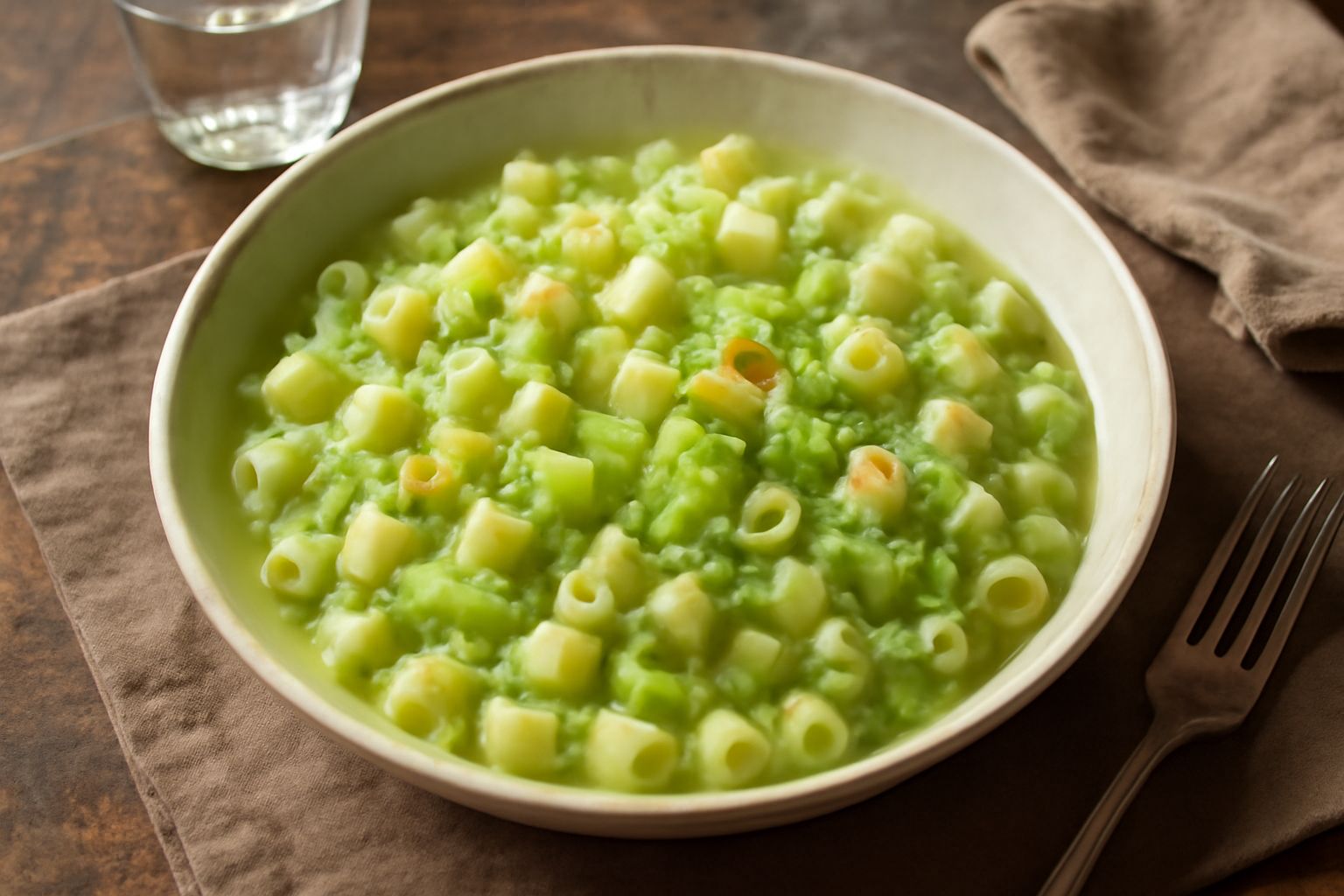 Piatto di pasta e cavoli in un fondo bianco, con cavoli verdi e teneri mischiati a tubetti di pasta, conditi di olio dorato e aglio, da cui emerge vapore caldo. Accanto al piatto un cucchiaio di legno