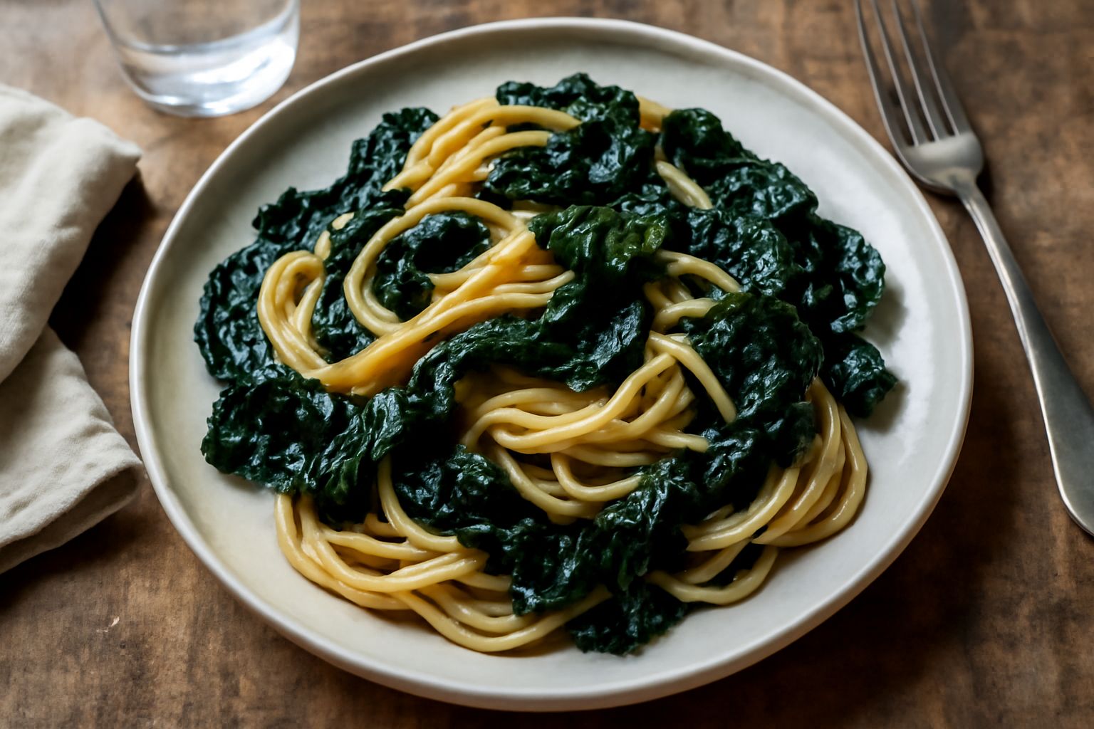 Piatto di pasta integrale con cavoli neri tagliati a striscioline, aglio dorato, olio d'oliva lucido, pepe nero spolverato e parmigiano grattugiato