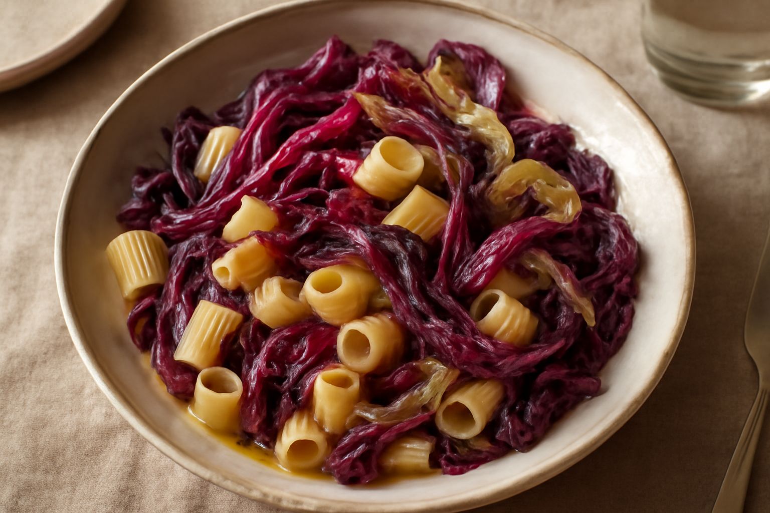 Piatto fondo di ceramica bianca con pasta e cavolo: il cavolo verza rosso-viola taglia larga si avvolge intorno ai rigatoni color grano. Un filo d'olio d'oliva lucido in superficie, peperoncino rosso 