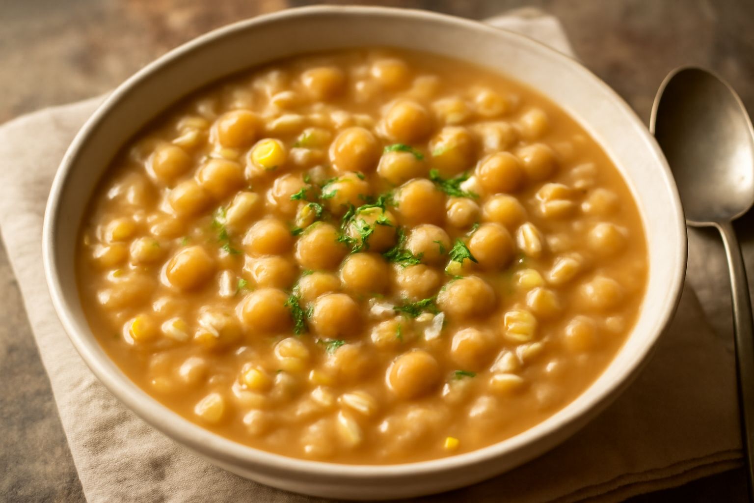 Un piatto fondo bianco con pasta e ceci, brodo marrone dorato, ceci interi visibili in superficie, un filo di olio verde in cima, una foglia di prezzemolo fresco sul bordo