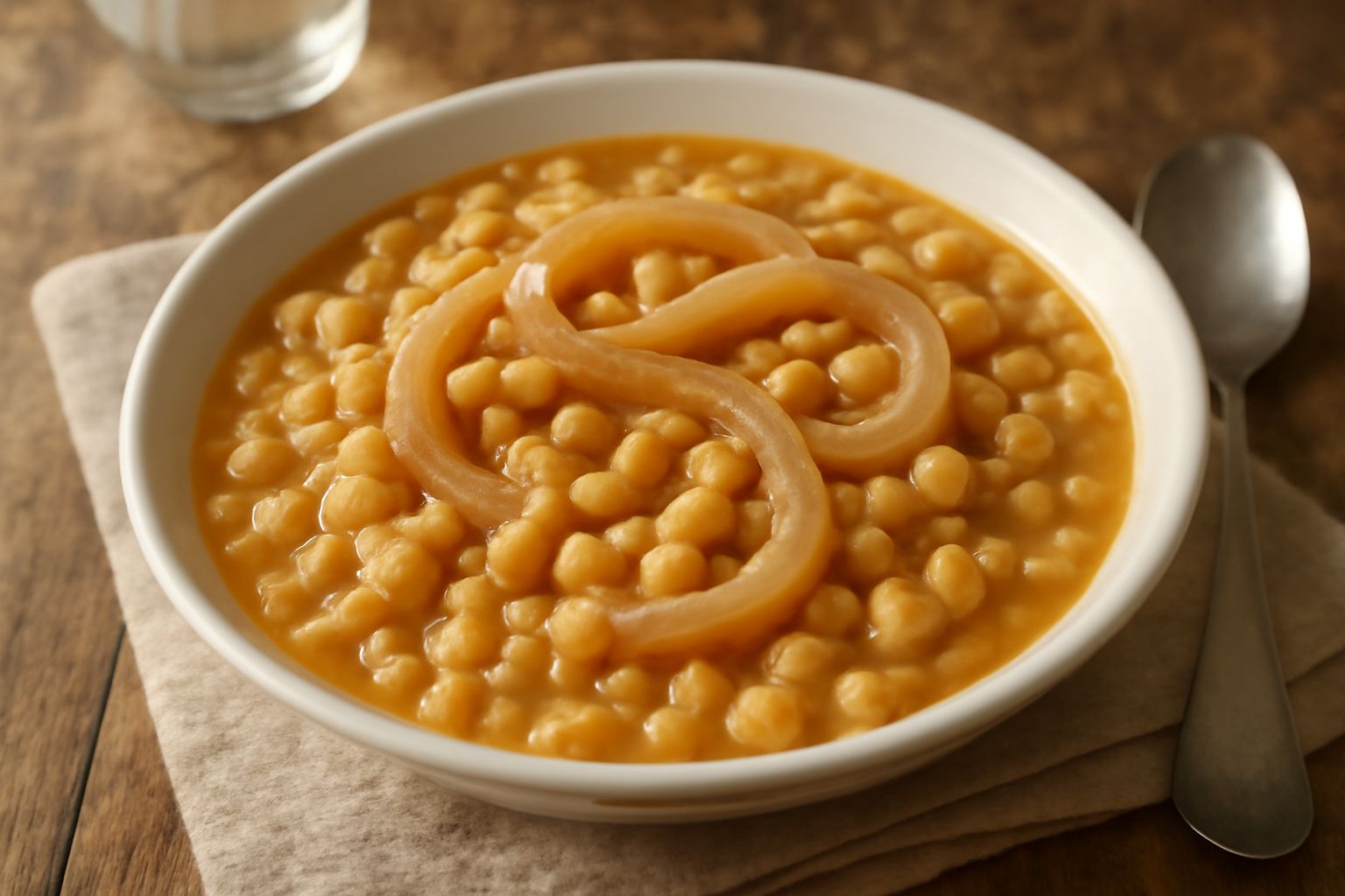 Un piatto fondo di ceramica bianca con pasta e ceci in brodo ristretto, cotiche tagliate in strisce sparse in superficie, pepe nero macinato fresco, filo di olio extravergine che brilla, servito su ta