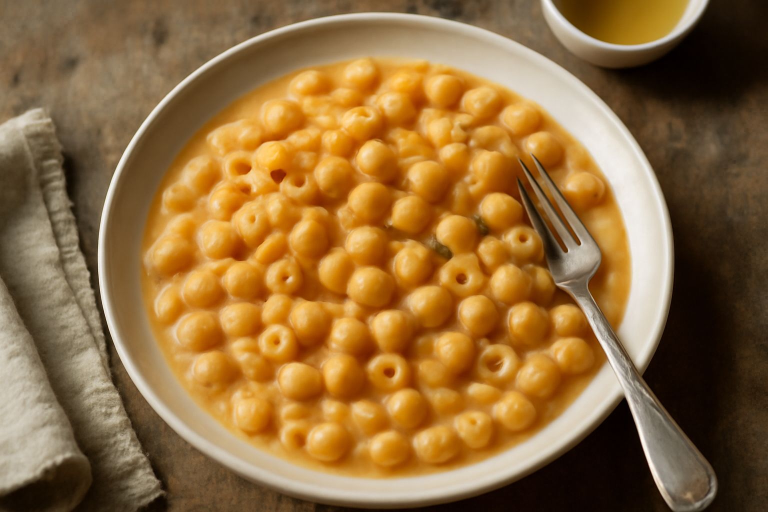 Pasta e ceci cremosa in un piatto fondo bianco, con olio d oliva a filo, pepe nero e prezzemolo fresco, accanto una forchetta di legno su un tavolo di cucina